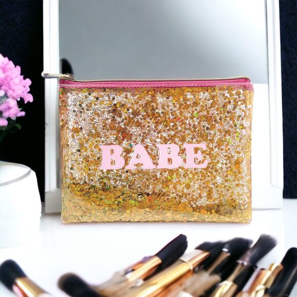 Slant Collections Handbags - Sparkling Gold Pink Make up Makeup Cosmetic Quote Slogan BABE Glitter Bag